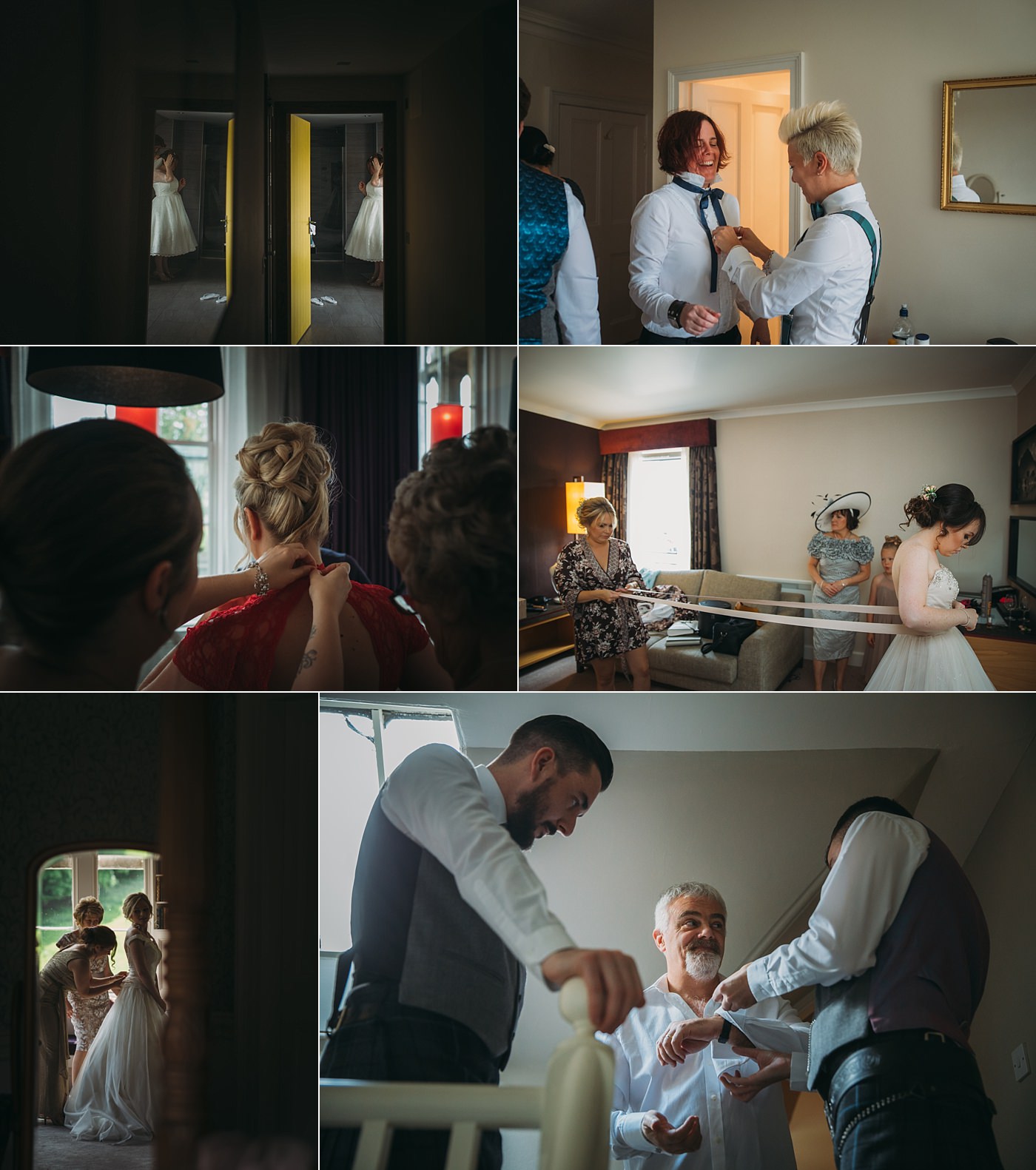 a series of photos showing the final touches before a wedding ceremony