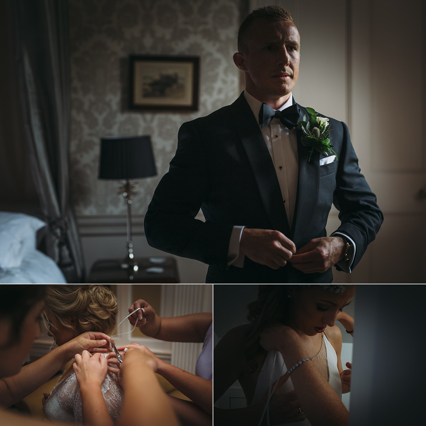 3 photographs showing final touches that take place before a wedding ceremony