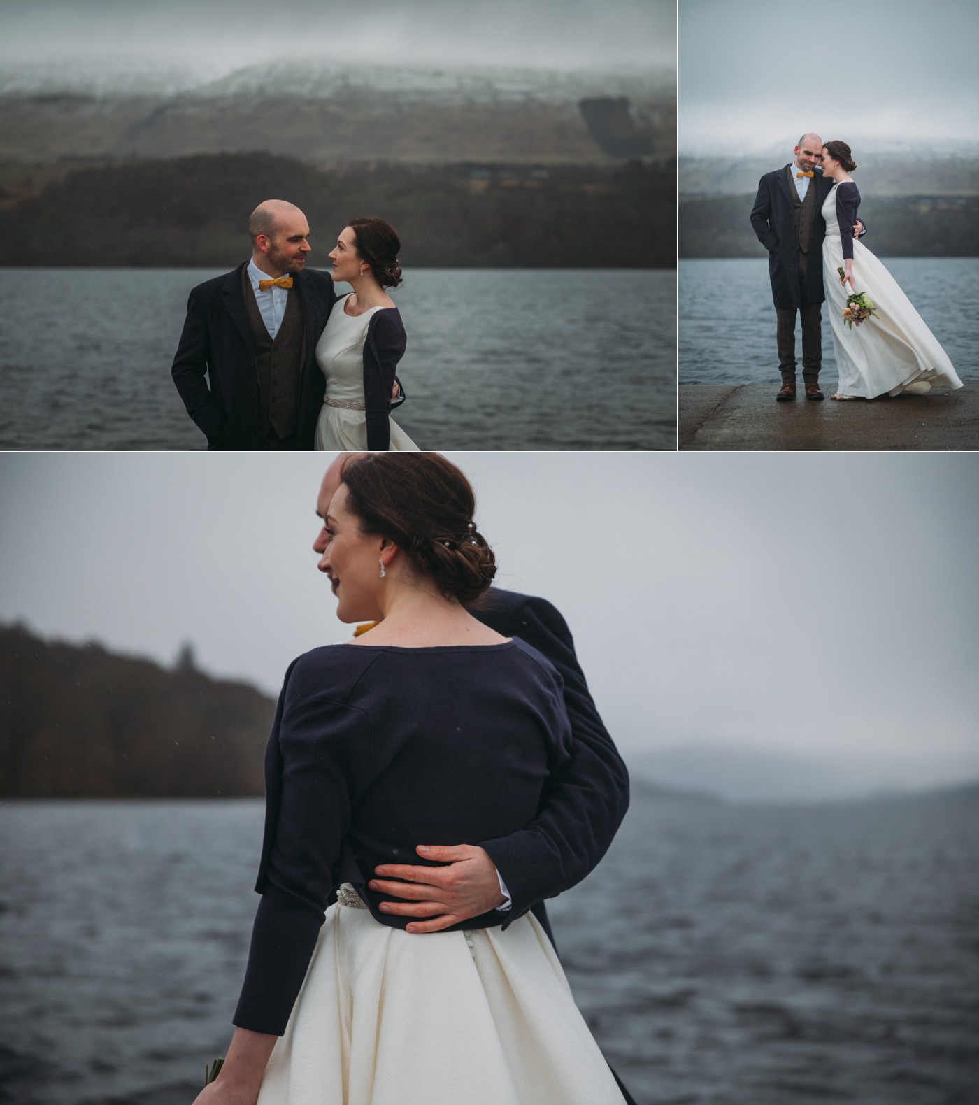 Newlyweds on the pier during their scottish Ardenoaig elopement, Loch Tay behind them