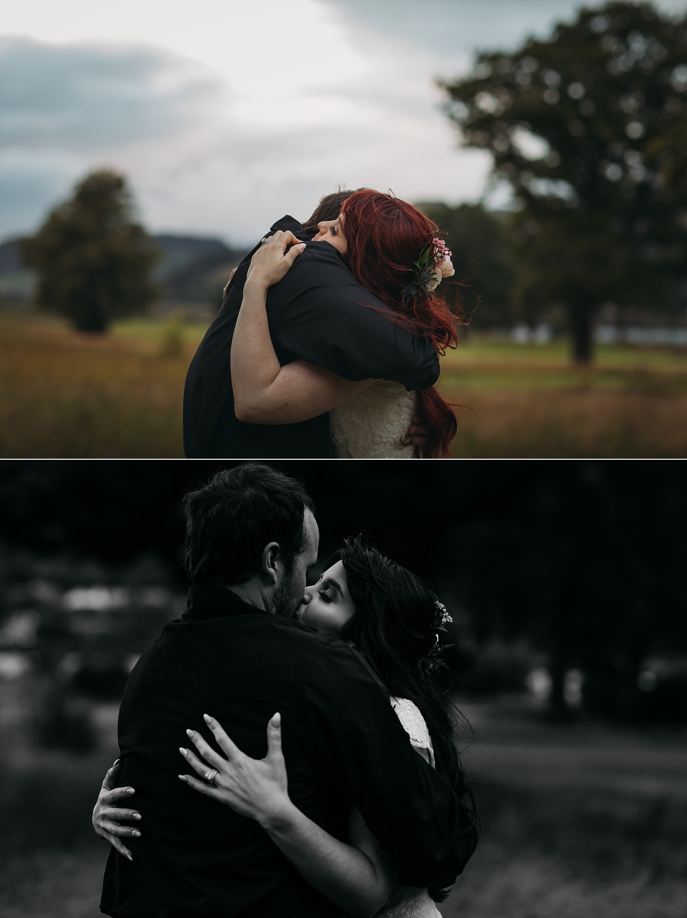 A couple hug and kiss at their mar hall wedding in the evening light