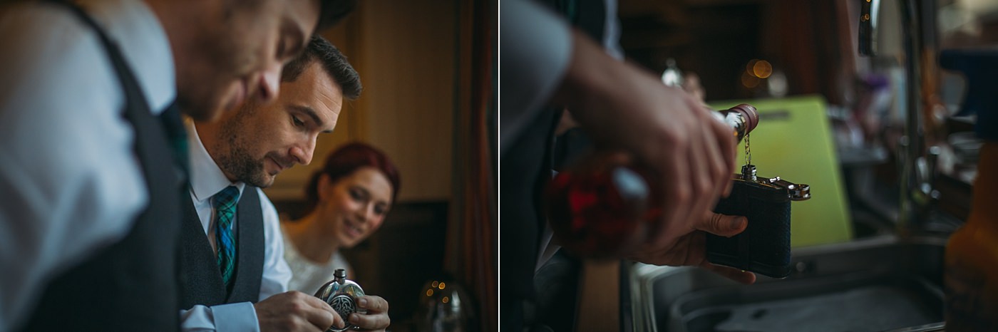 Groom fills his hip flask ahead of his Christmas wedding at Glen Tanar