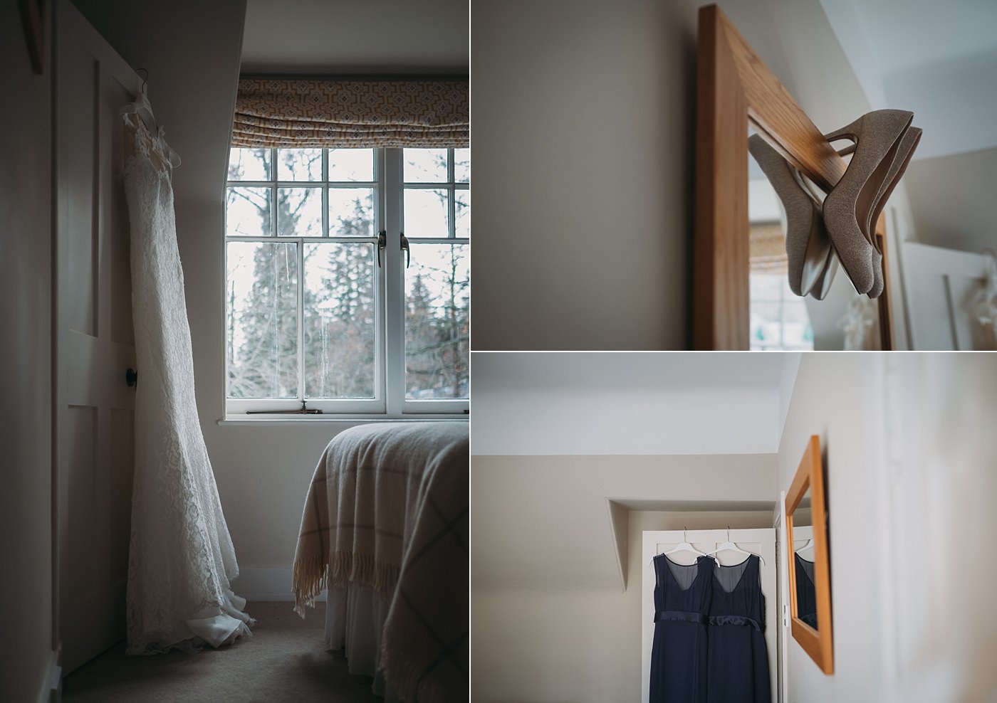 Wedding dress, brides shoes and bridesmaids dresses during a Christmas wedding at Glen Tanar