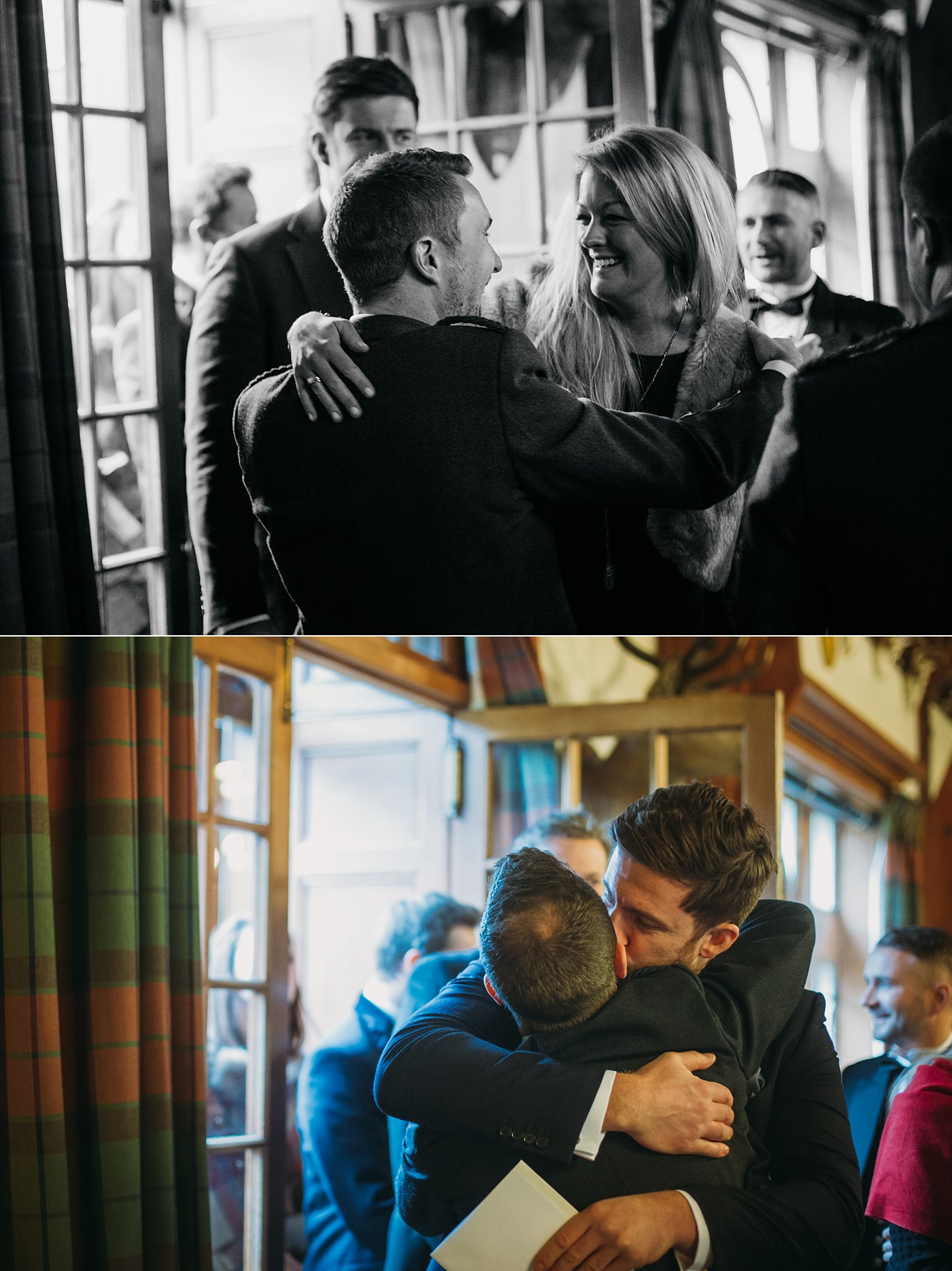 groom greets guests at his Christmas wedding at Glen Tanar