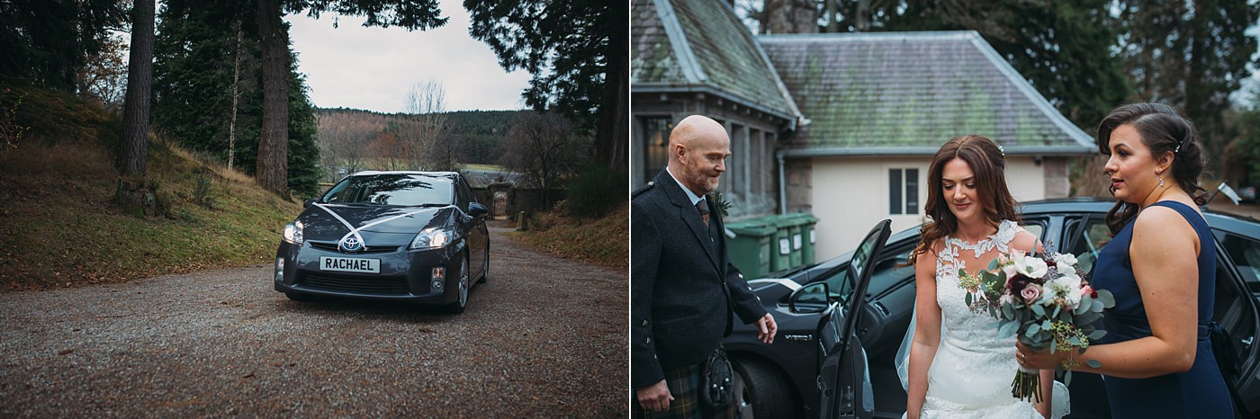 Bride arrives to her Christmas wedding at Glen Tanar