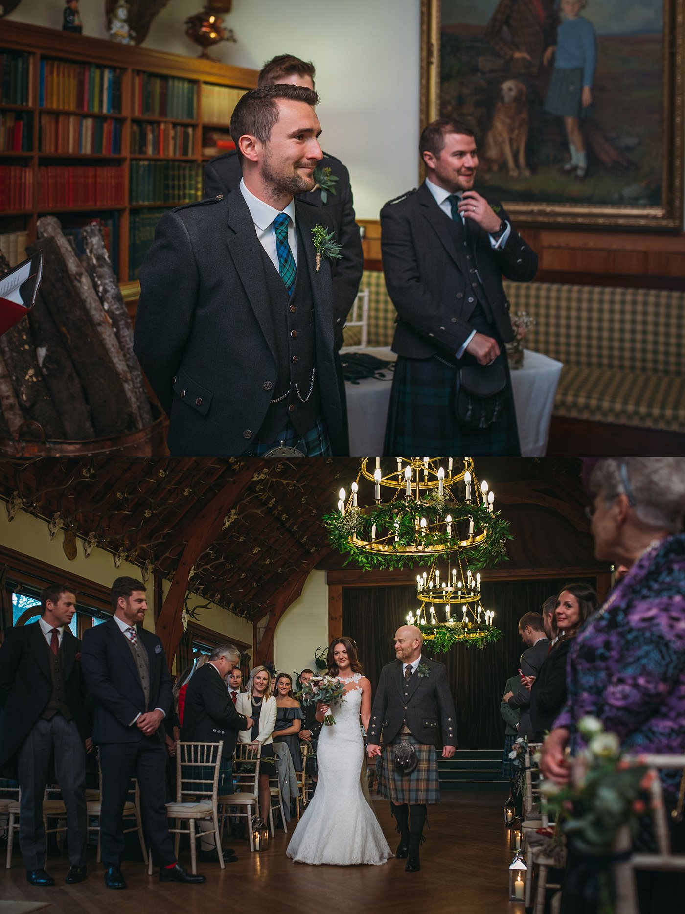 groom sees bride as she walks down the aisle during their Christmas wedding at Glen Tanar