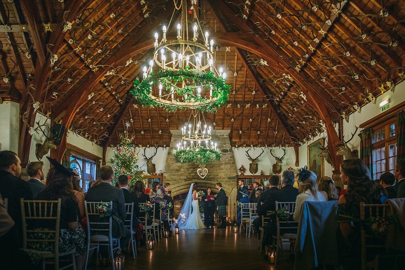 wide shot of the ballroom during a Christmas wedding at Glen Tanar