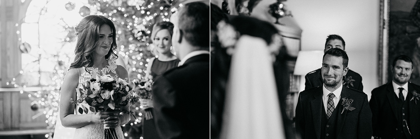 bride and groom during ceremony at a Christmas wedding at Glen Tanar