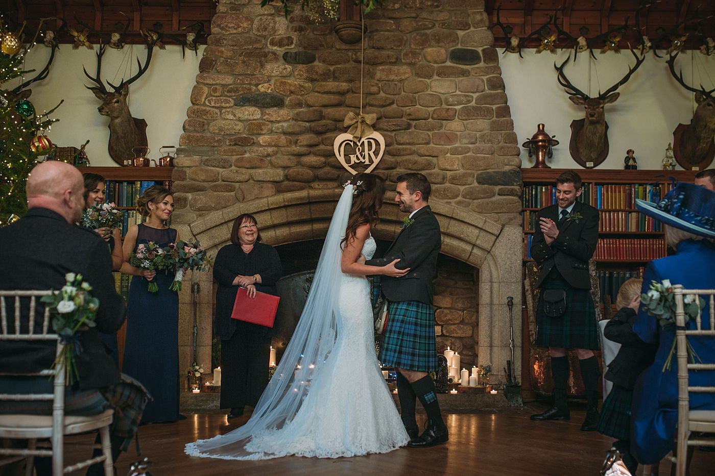 bride and groom just married at their Christmas wedding at Glen Tanar