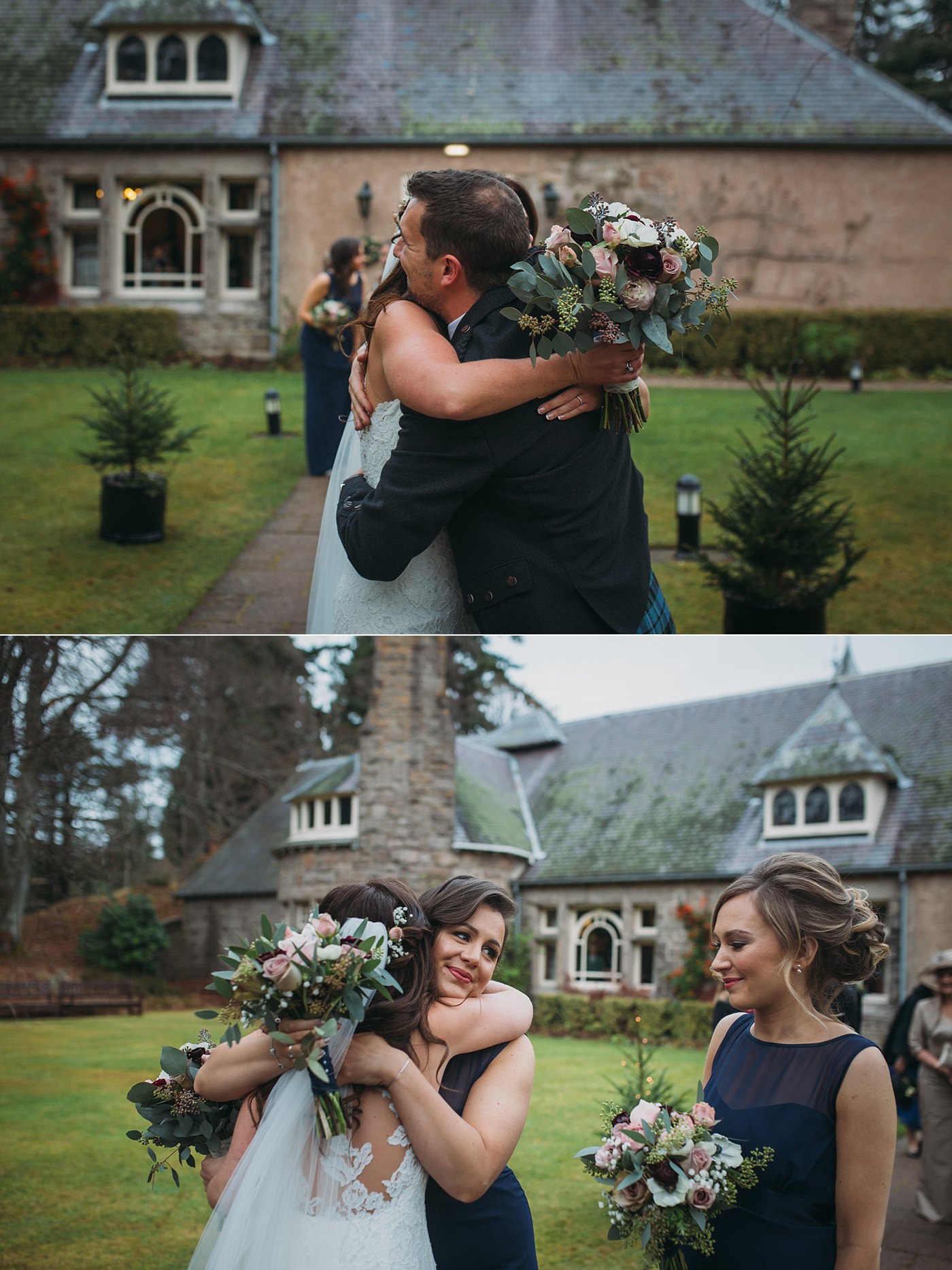 guests congratulate bride and groom at their Christmas wedding at Glen Tanar