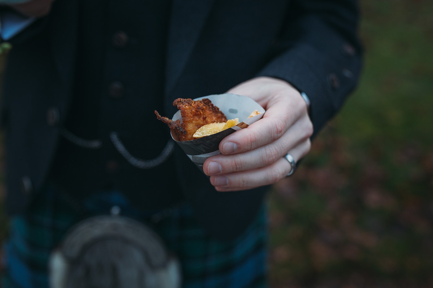 mini fish and chips at this Christmas wedding at Glen Tanar