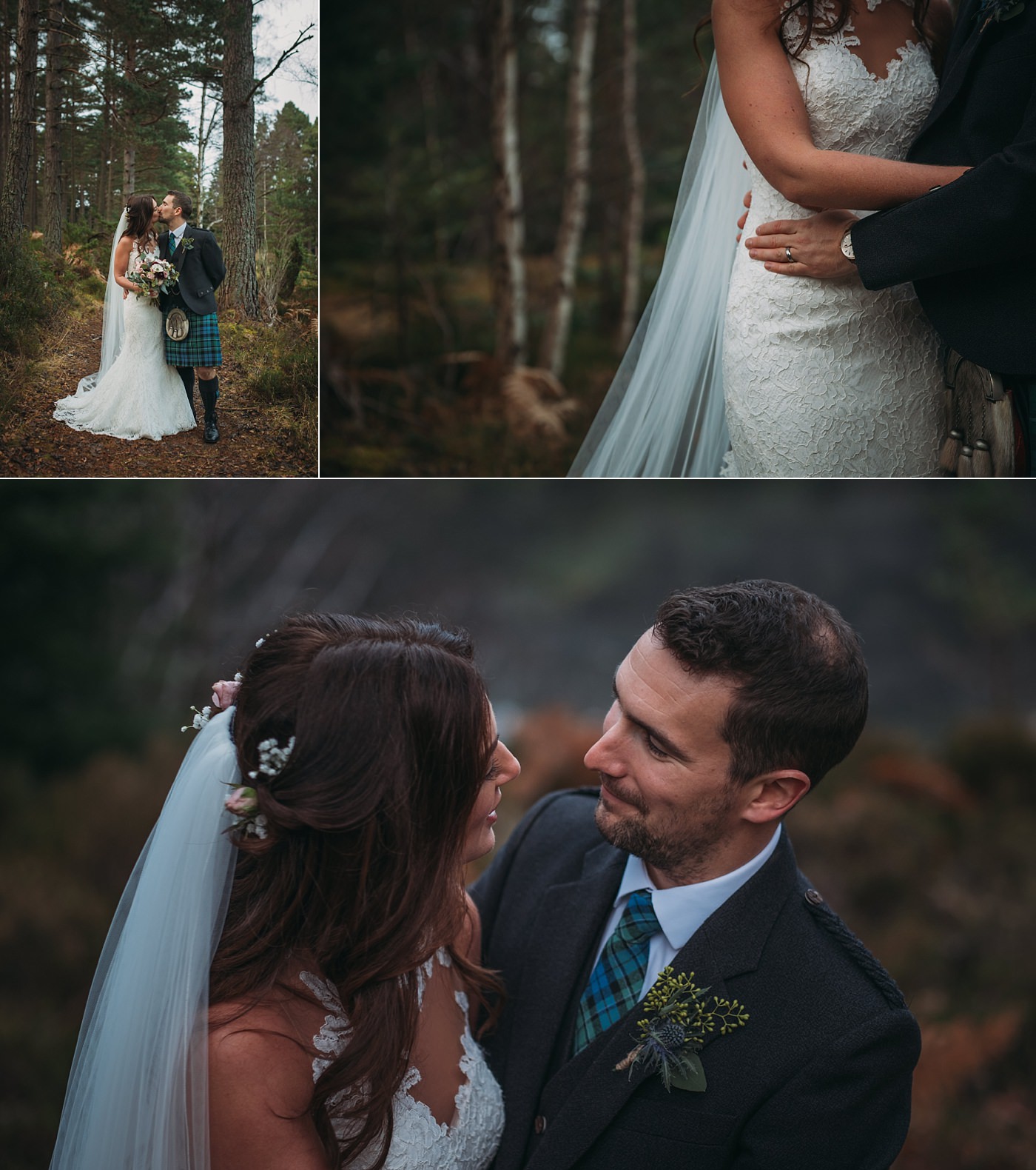 bride and groom on their couples shoot at their Christmas wedding at Glen Tanar