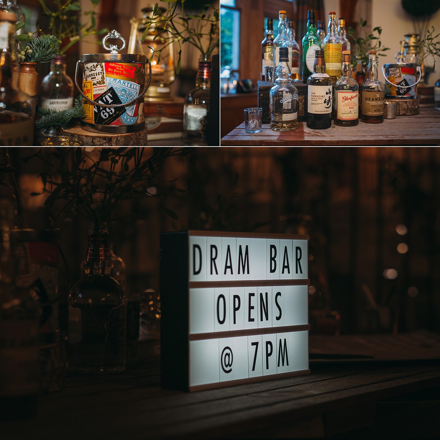 dram bar of whisky at a Christmas wedding at Glen Tanar