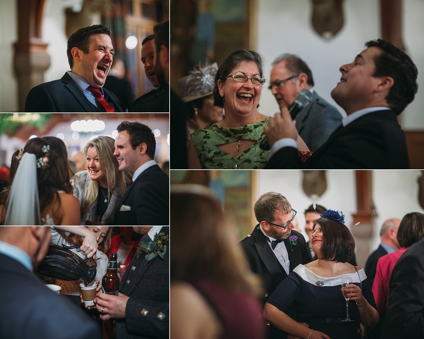 guests laughing at a Christmas wedding at Glen Tanar