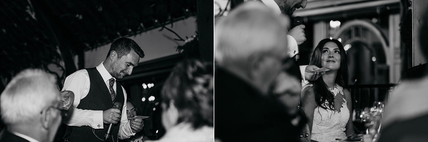 black and white photographs of grooms speech at his Christmas wedding at Glen Tanar