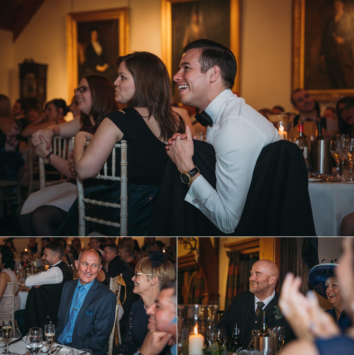 guest reactions uring speeches at a Christmas wedding at Glen Tanar