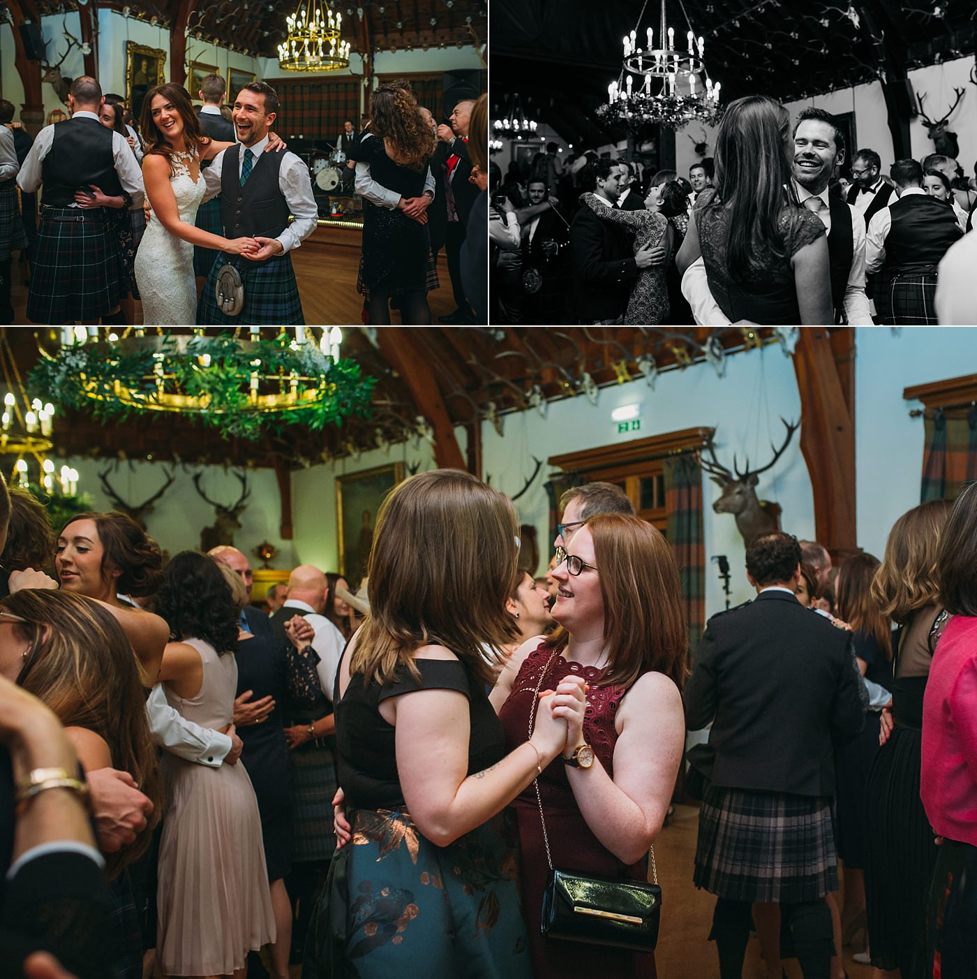 guests dancing at a Christmas wedding at Glen Tanar