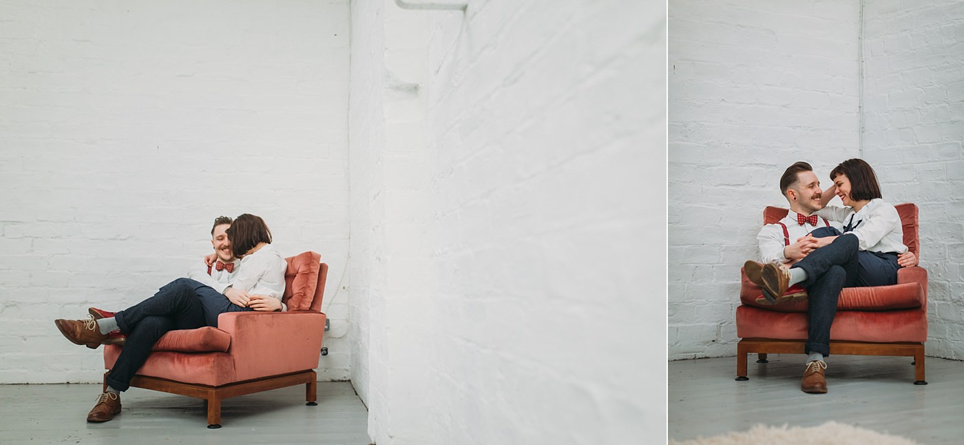 Joe and Steph of Bygone Photobooth Company at the Glue Factory in Glasgow in a vintage chair