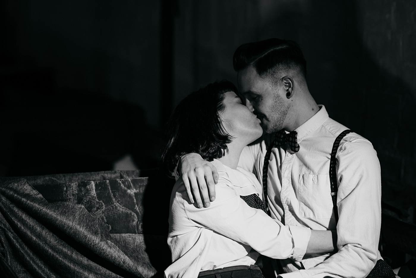 A black and white image of Joe & Steph from Bygone Photobooth Company at the Glue Factory, Glasgow