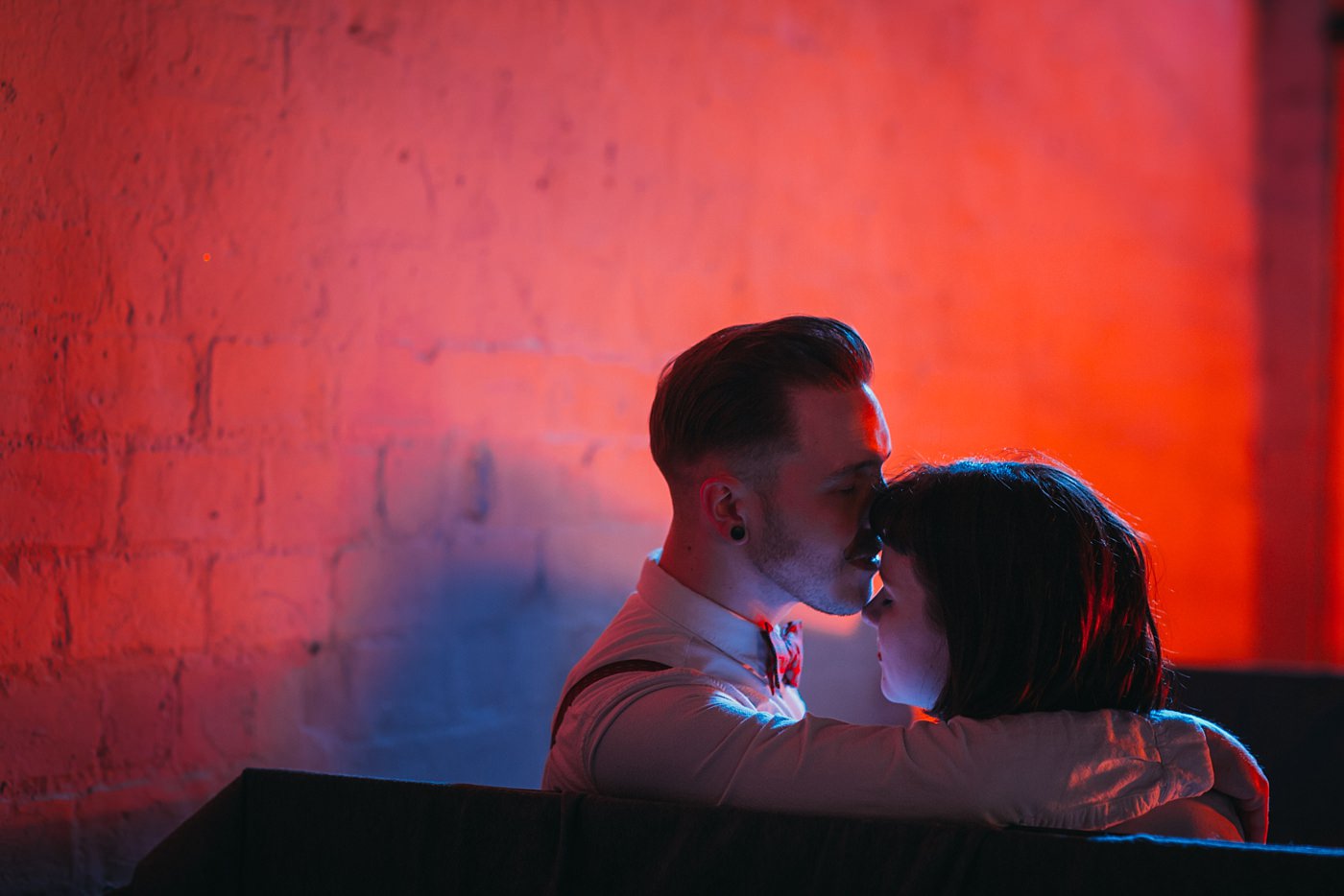 Cinematic lighting on Joe & Steph of Bygone Photobooth Company at the Glue Factory in Glasgow