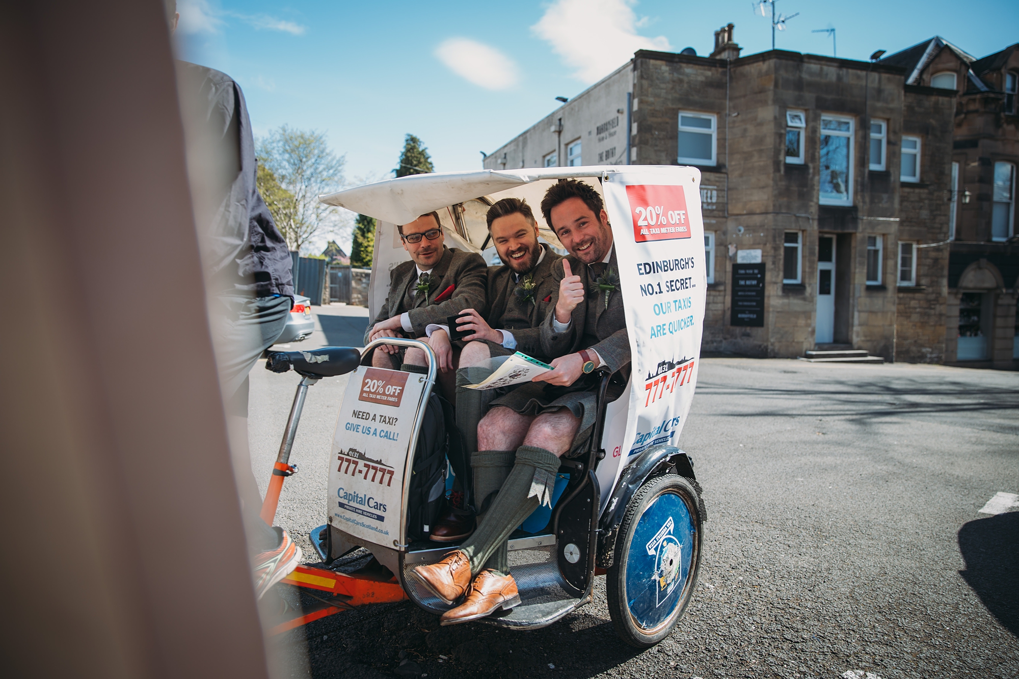 best wedding photographs at Ghillie Dhu, groom arrives by rickshaw