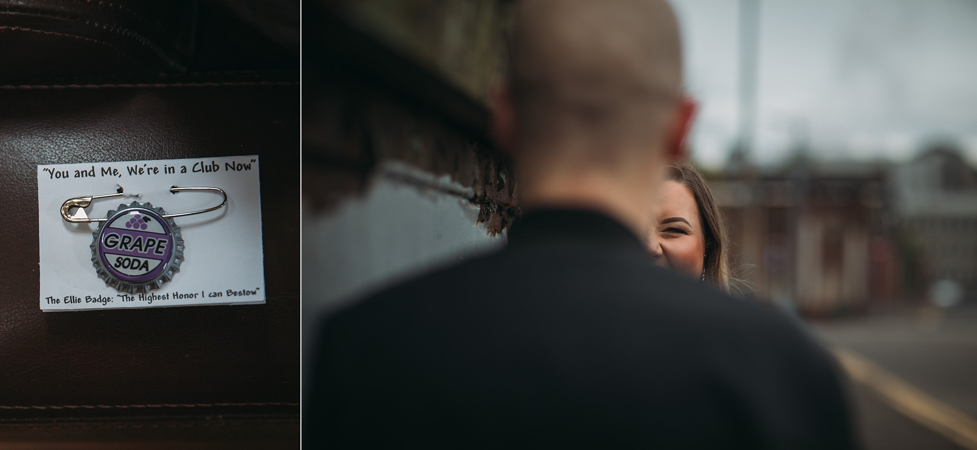 best wedding photographs - grape oda badge from 'Up' and an image of an engaged couple in Glasgow