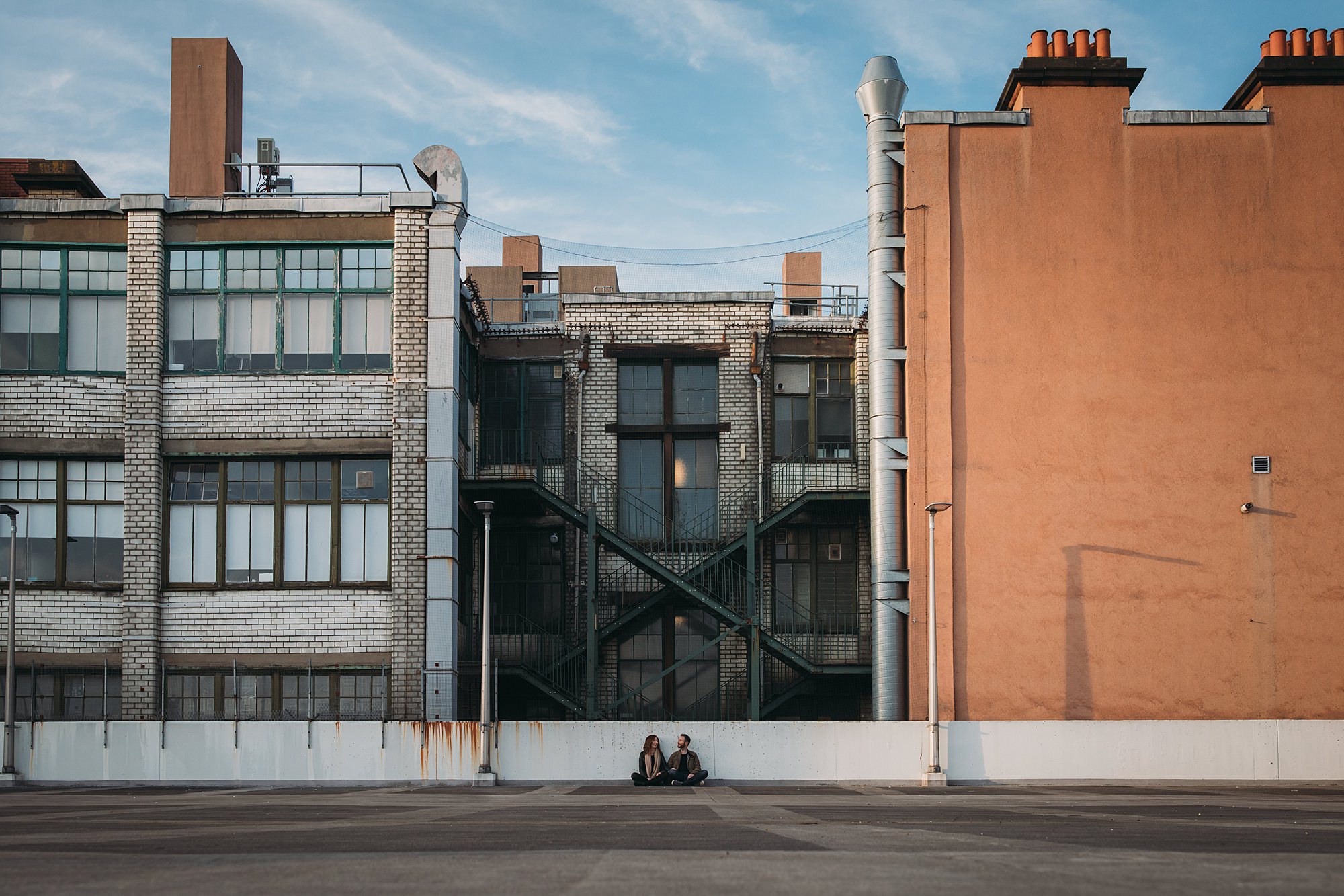 Awesome architecture and an empty parking lot for a Glasgow engagement