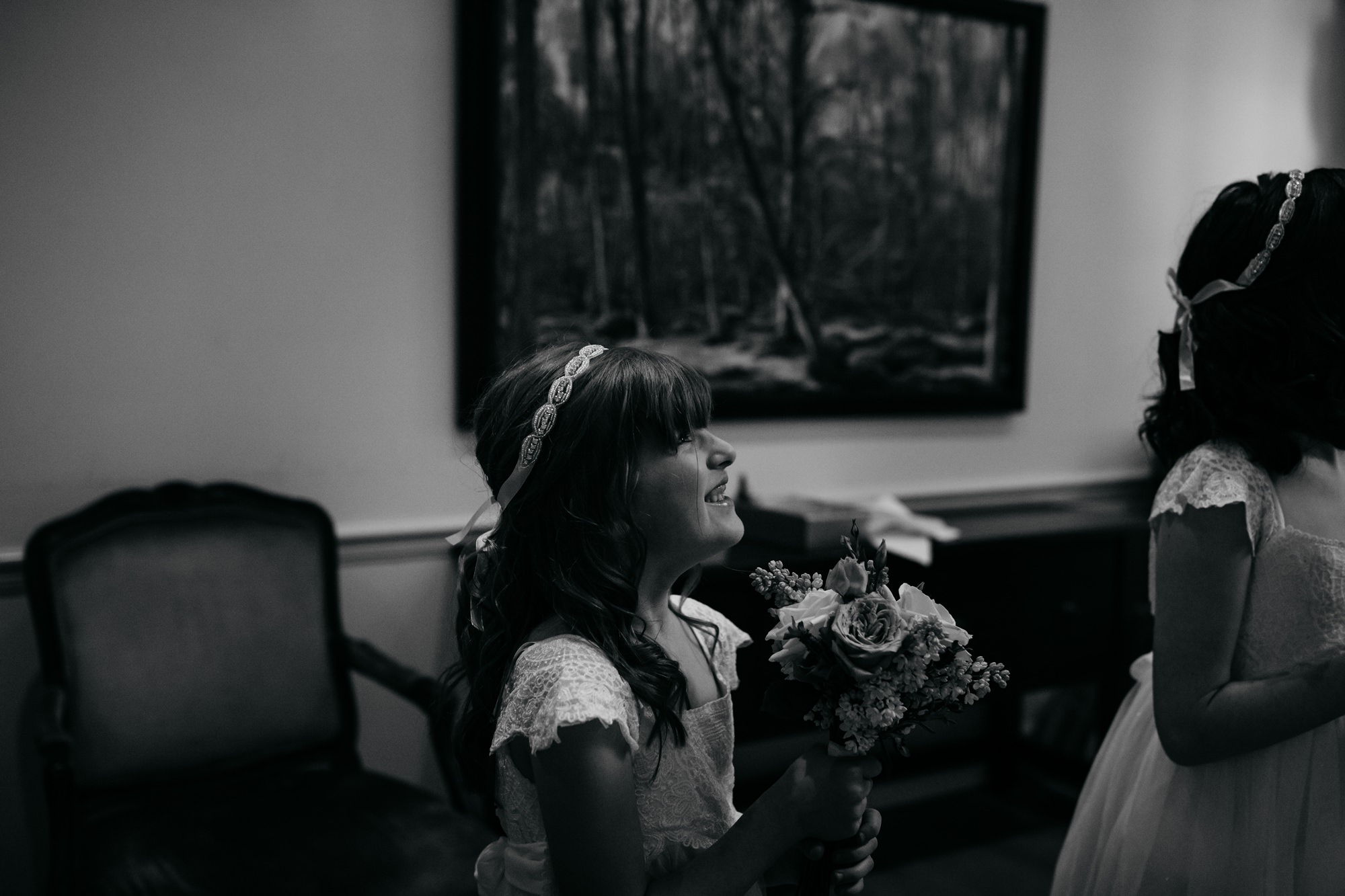 Little girl excitedly watched bride walk down the stairs at her High Wards wedding