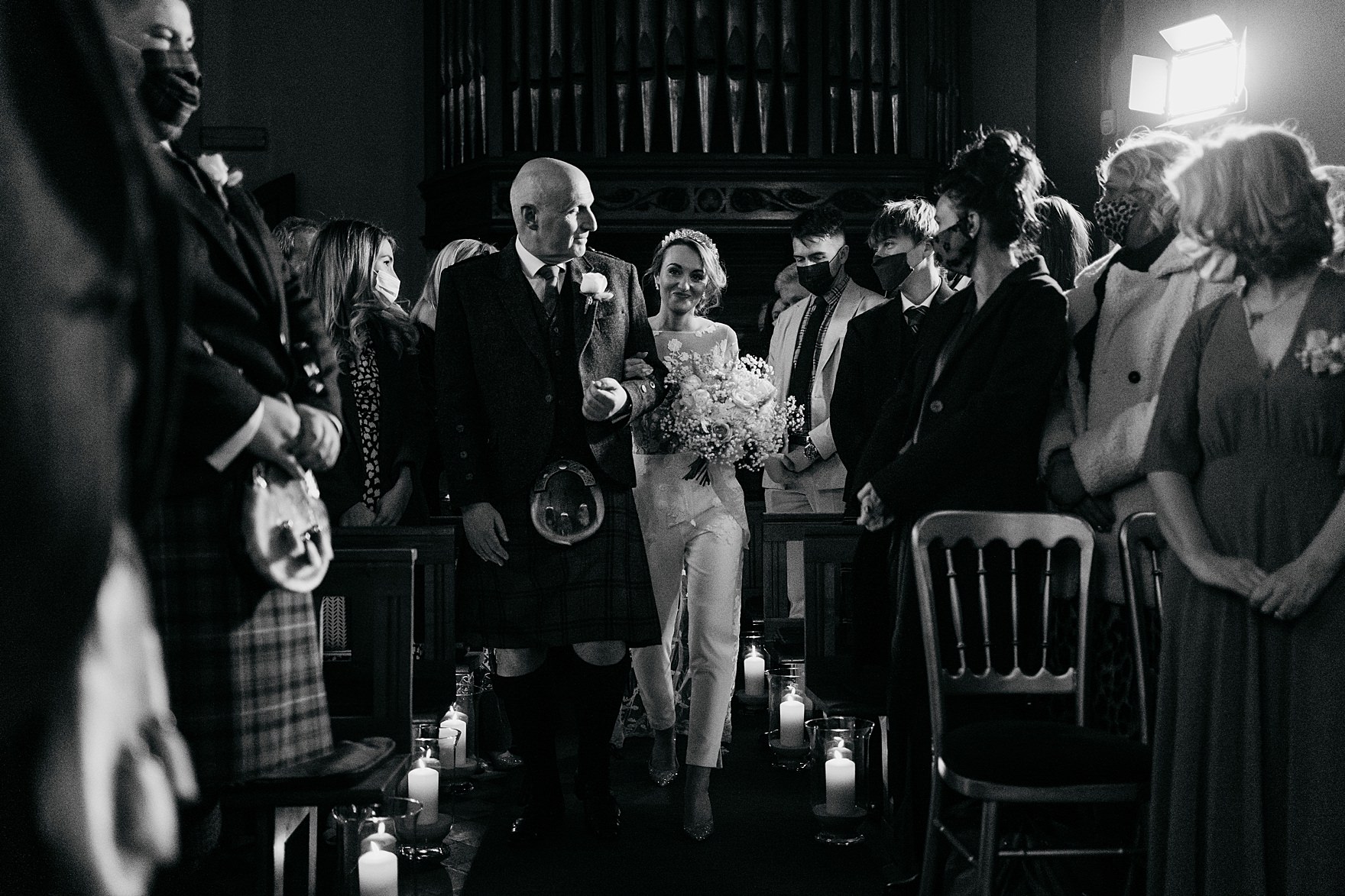 cromlix winter wedding bride father of the bride walking down the aisle 