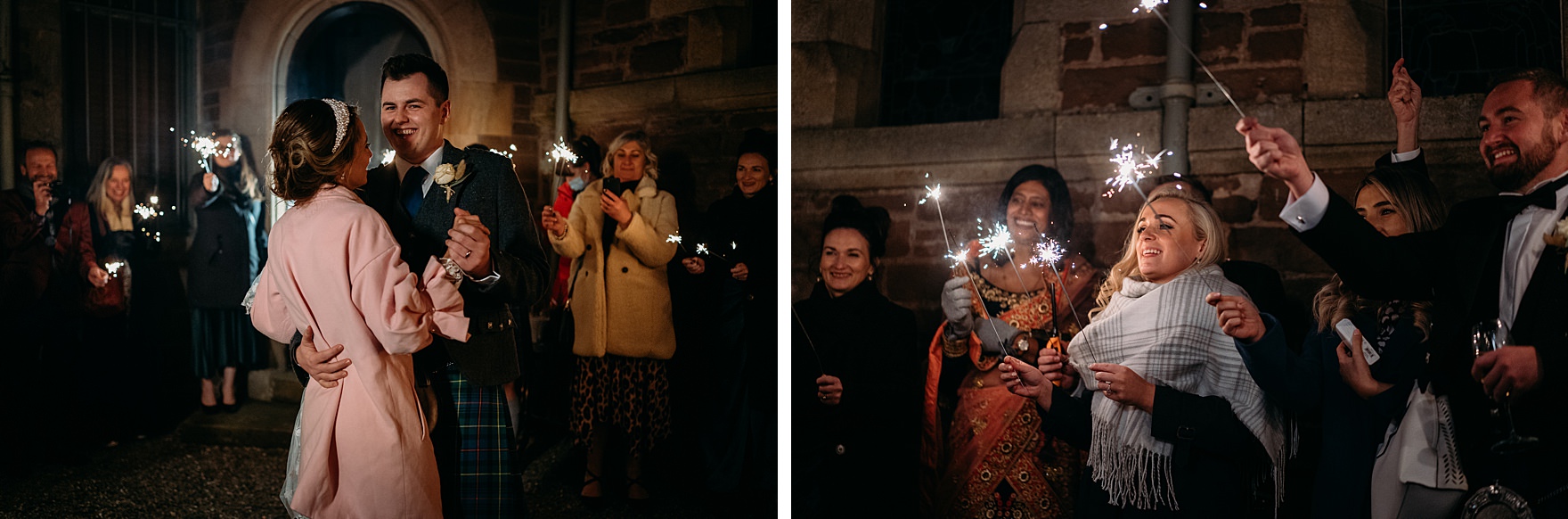 Cromlix winter wedding reception celebrations outdoor sparklers