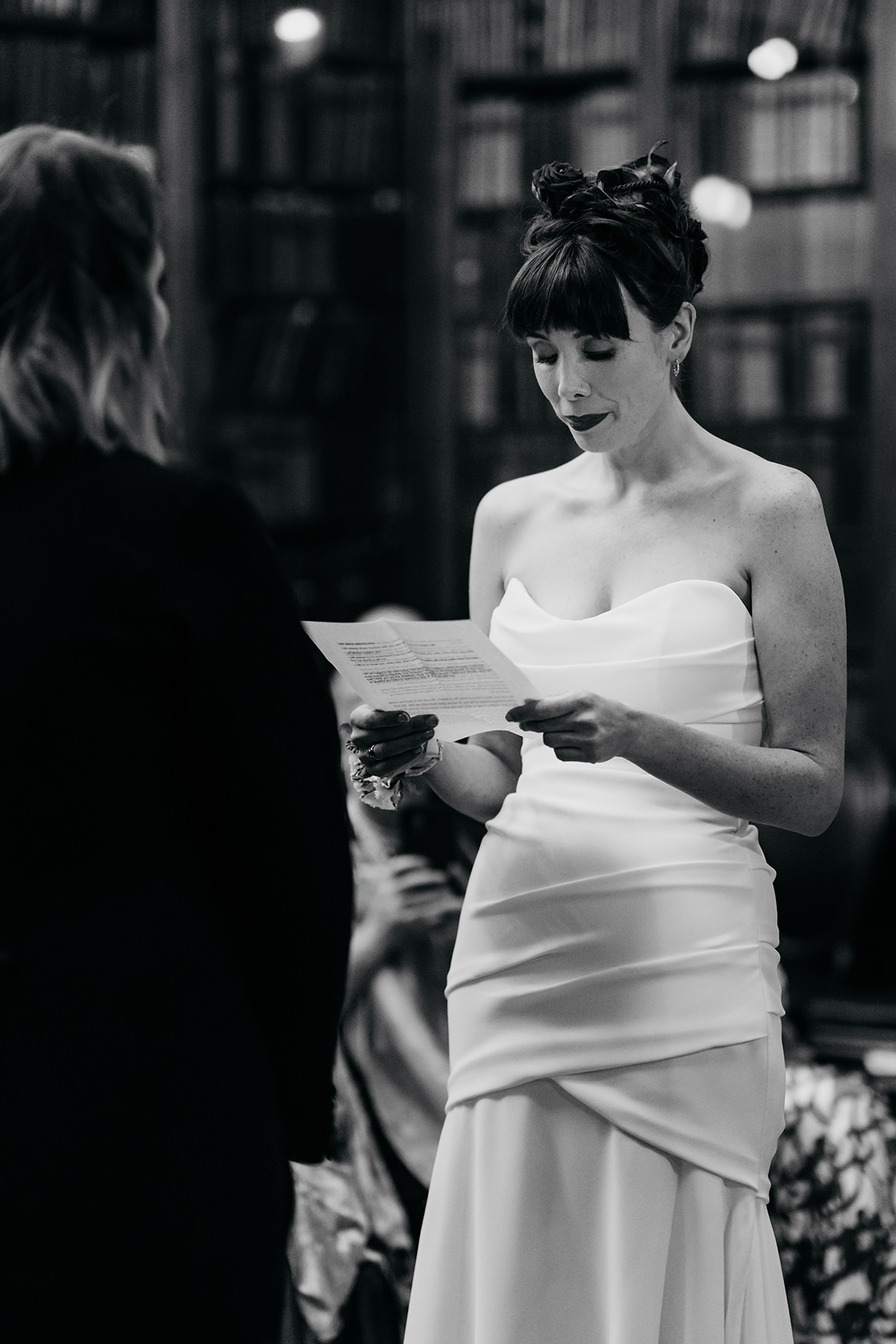 black and white image of beautiful bride during her Royal College of Physicians Wedding ceremony