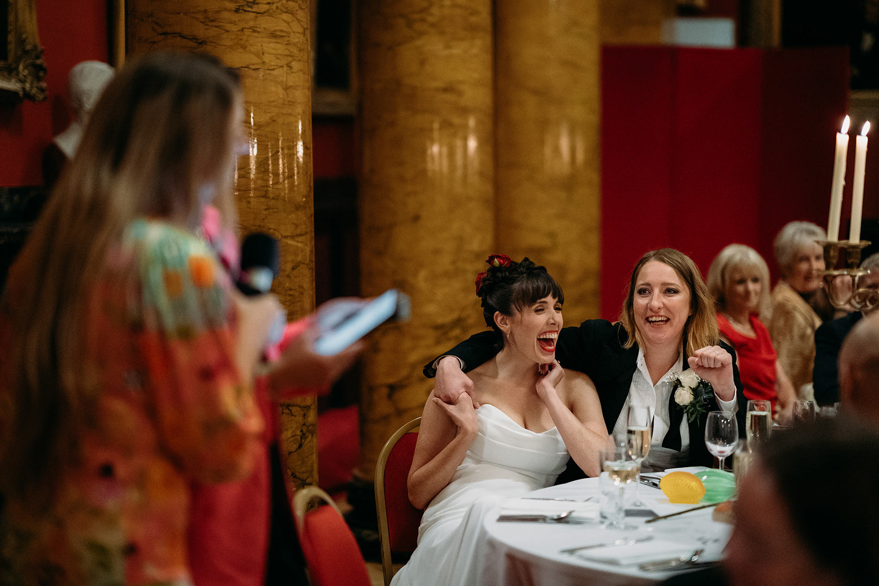 two brides react to speeches at Royal College of Physicians Wedding