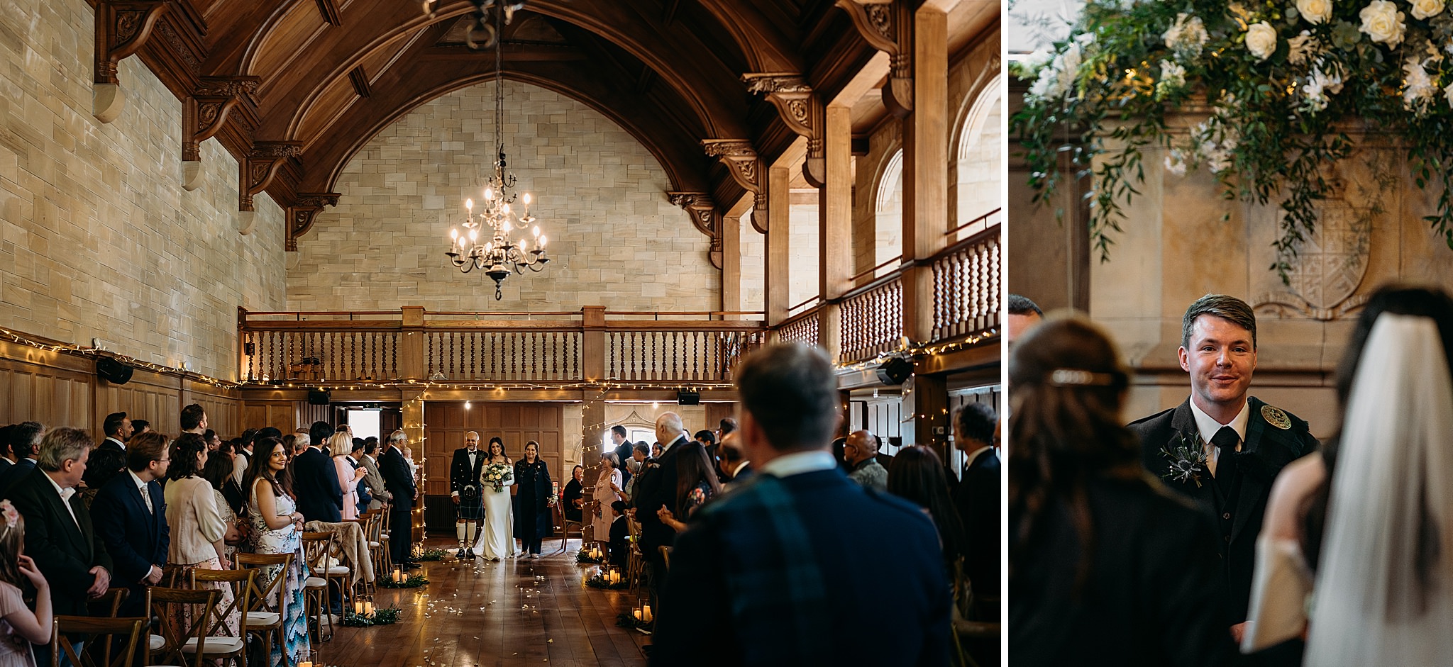 Bride walks down aisle with Mum + Dad at Indo-Scottish Achnagairn Castle wedding