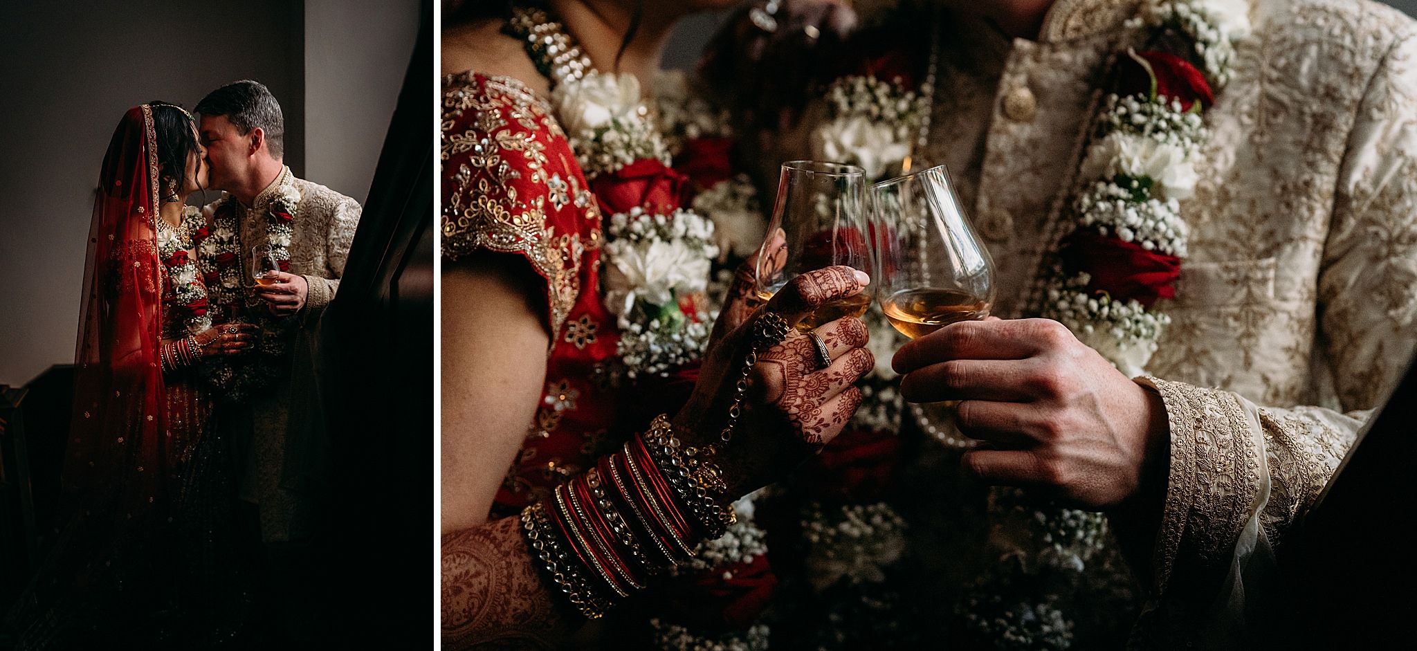 Bride and Groom share whisky at Indo-Scottish Achnagairn Castle wedding