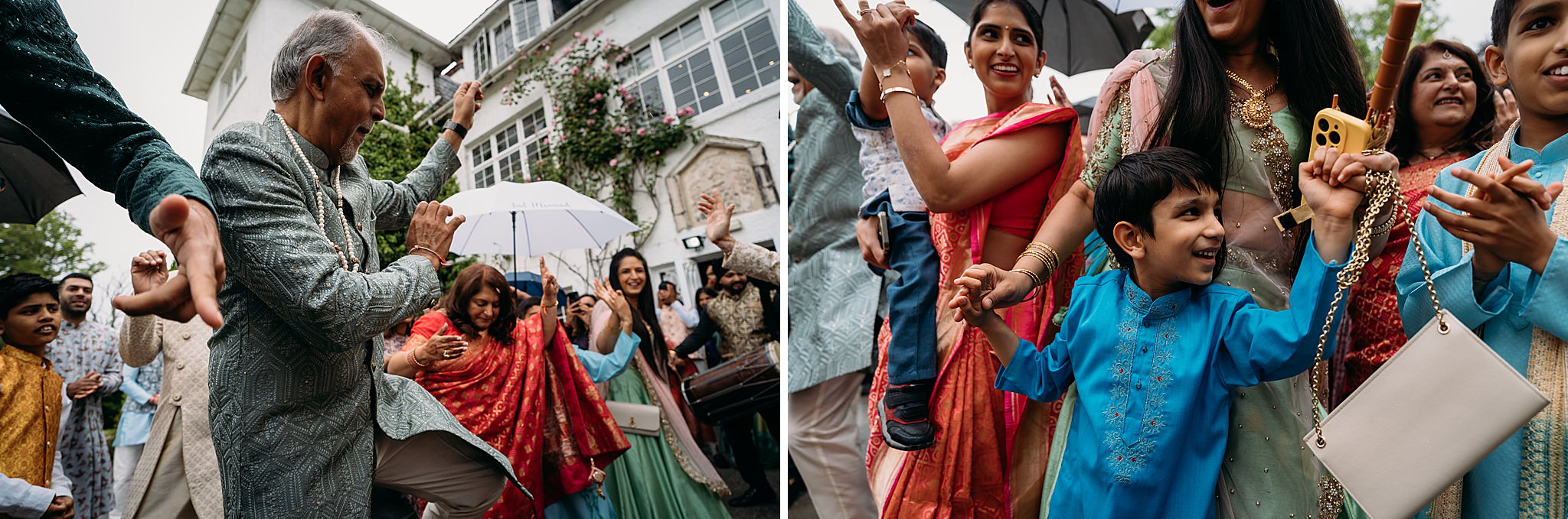 Friends and family dance to Dhol & Pipes at an Indo-Scottish Achnagairn Castle wedding