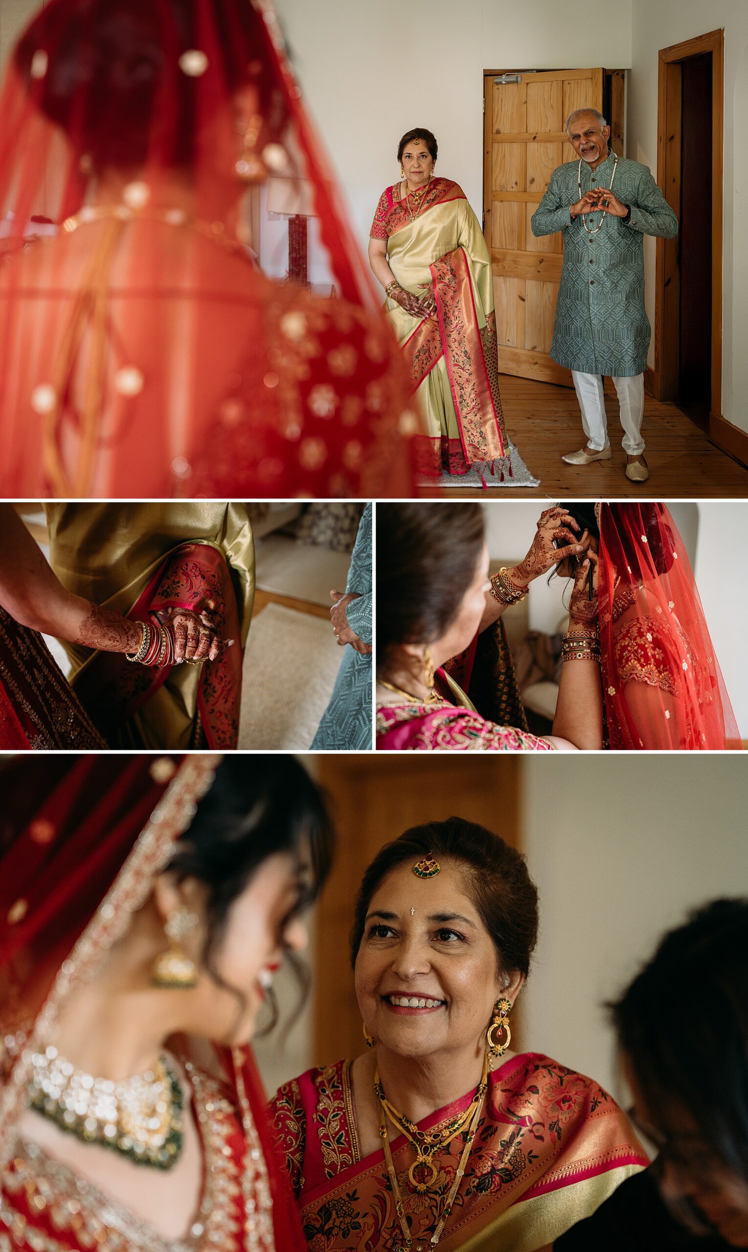 Brides Mum and dad see her for the first time in her red lehenga at a Indo-Scottish Achnagairn Castle wedding.