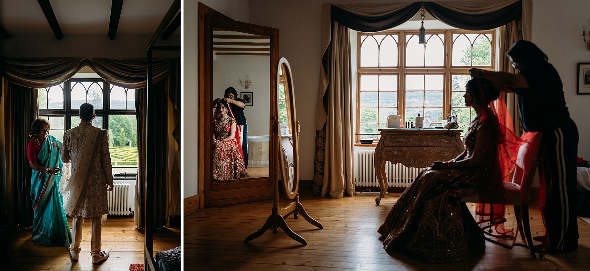 Scottish groom dressed by guest as Indian bride has finishing touches done at their Indo-Scottish Achnagairn Castle wedding.