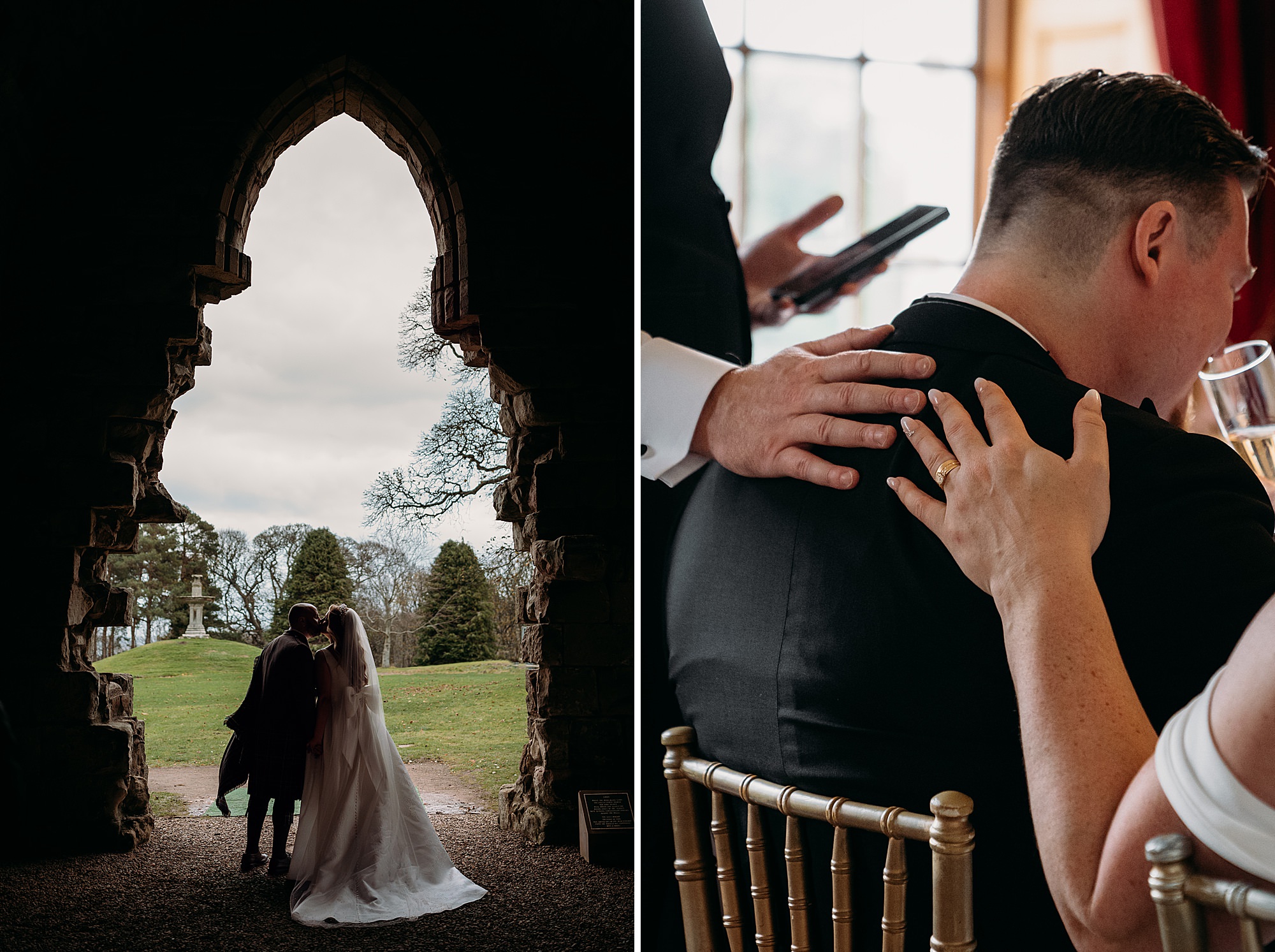 Two images. On the left, a bride and groom are silhouetted by the old church at Dunglass Estate. On the right, the groom is patted by his wife and brother during an emotional point of the speeches. Relaxed wedding photography Scotland.