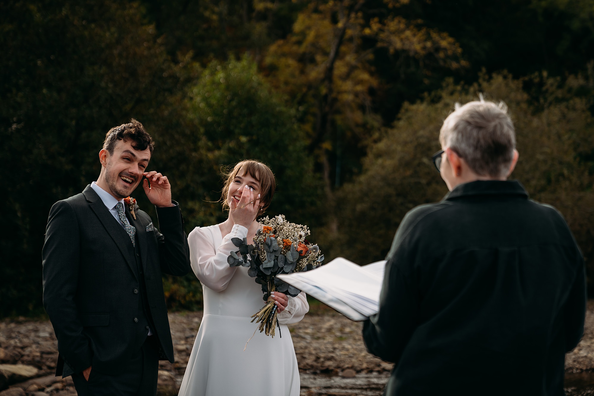 Claire the Humanist making her couples cry again. Relaxed wedding photography in Dunkeld. 