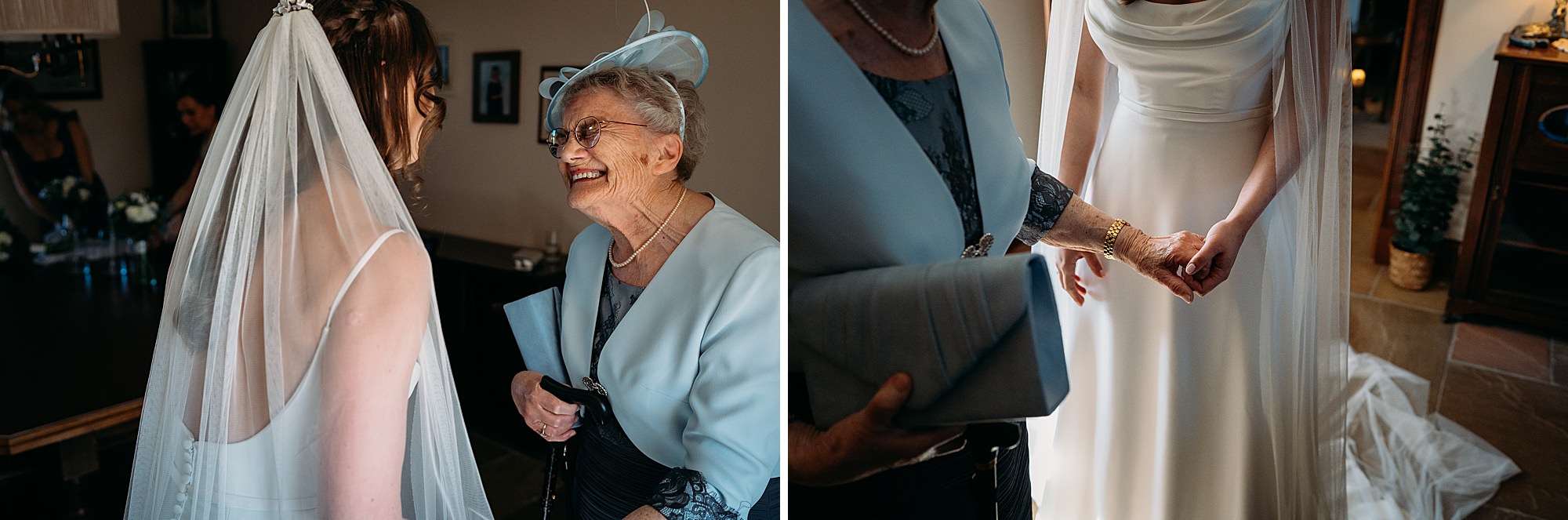 bride shares first look with her smiling gran. relaxed wedding photography at Harelaw Farm