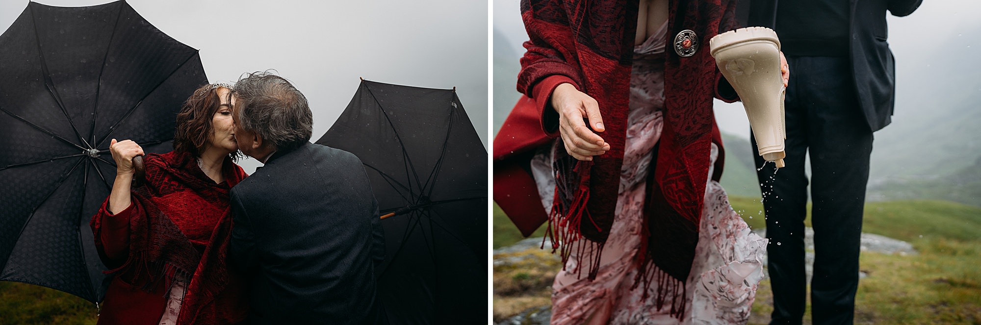 Two photographs. In the first, a couple share their first kiss, umbrellas held to the side in Glencoe. In the second photograph, the bride empties water out of her wellies. Relaxed wedding photography in the Scottish Highlands.