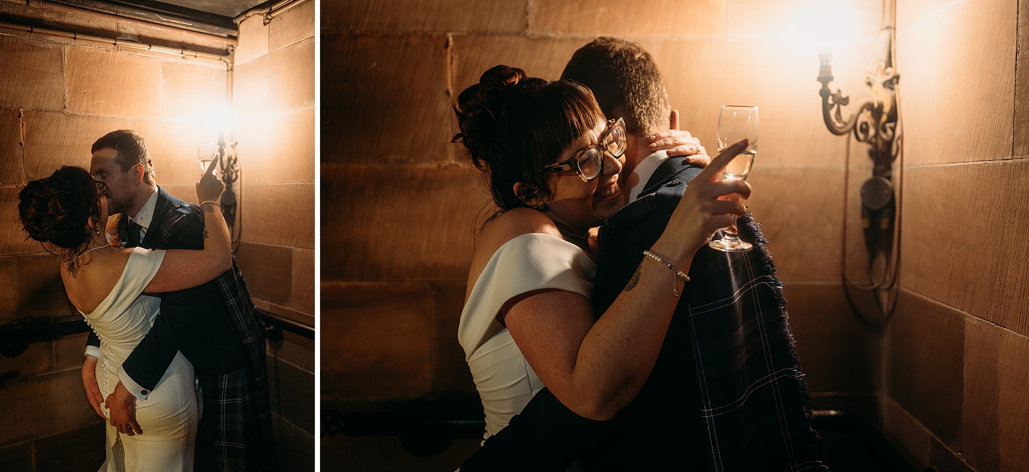 Newlyweds kiss under warm light at Coats Paisley Twilight Wedding