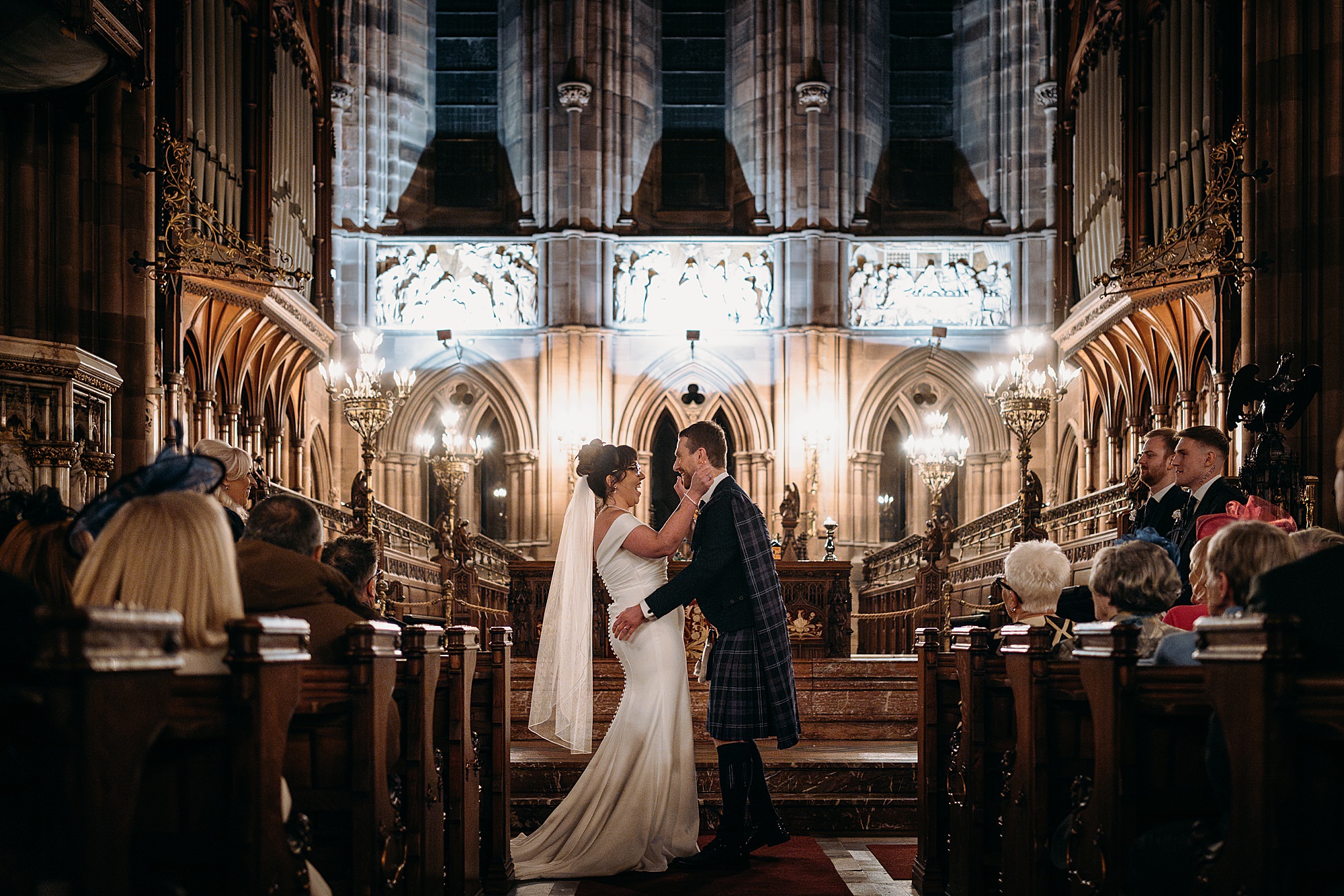 couple celebrate before first kiss at Coats Paisley Twilight Wedding