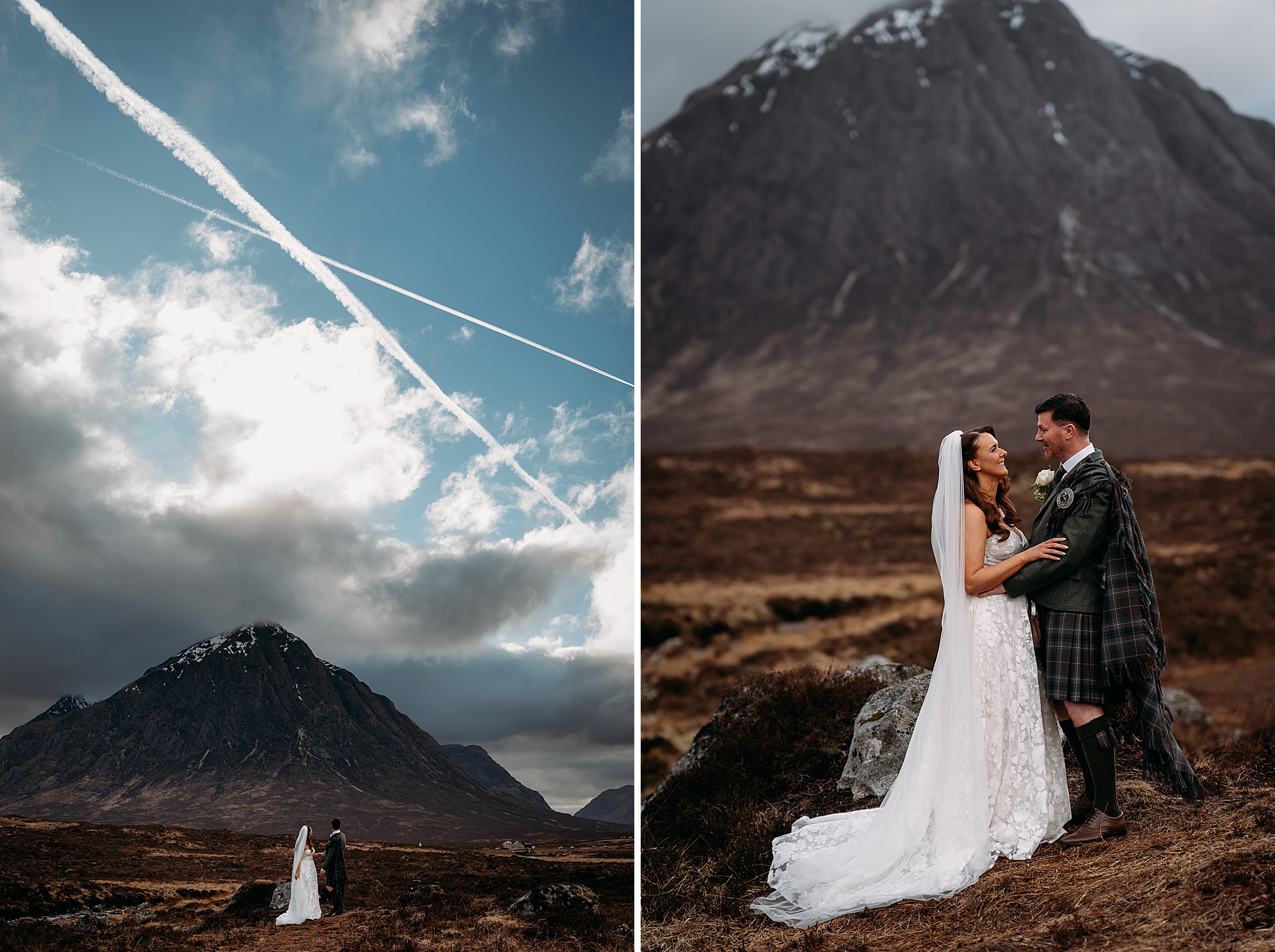 Newlywed portraits with Buachaille Etive Mòr near Kingshouse Hotel Glencoe.