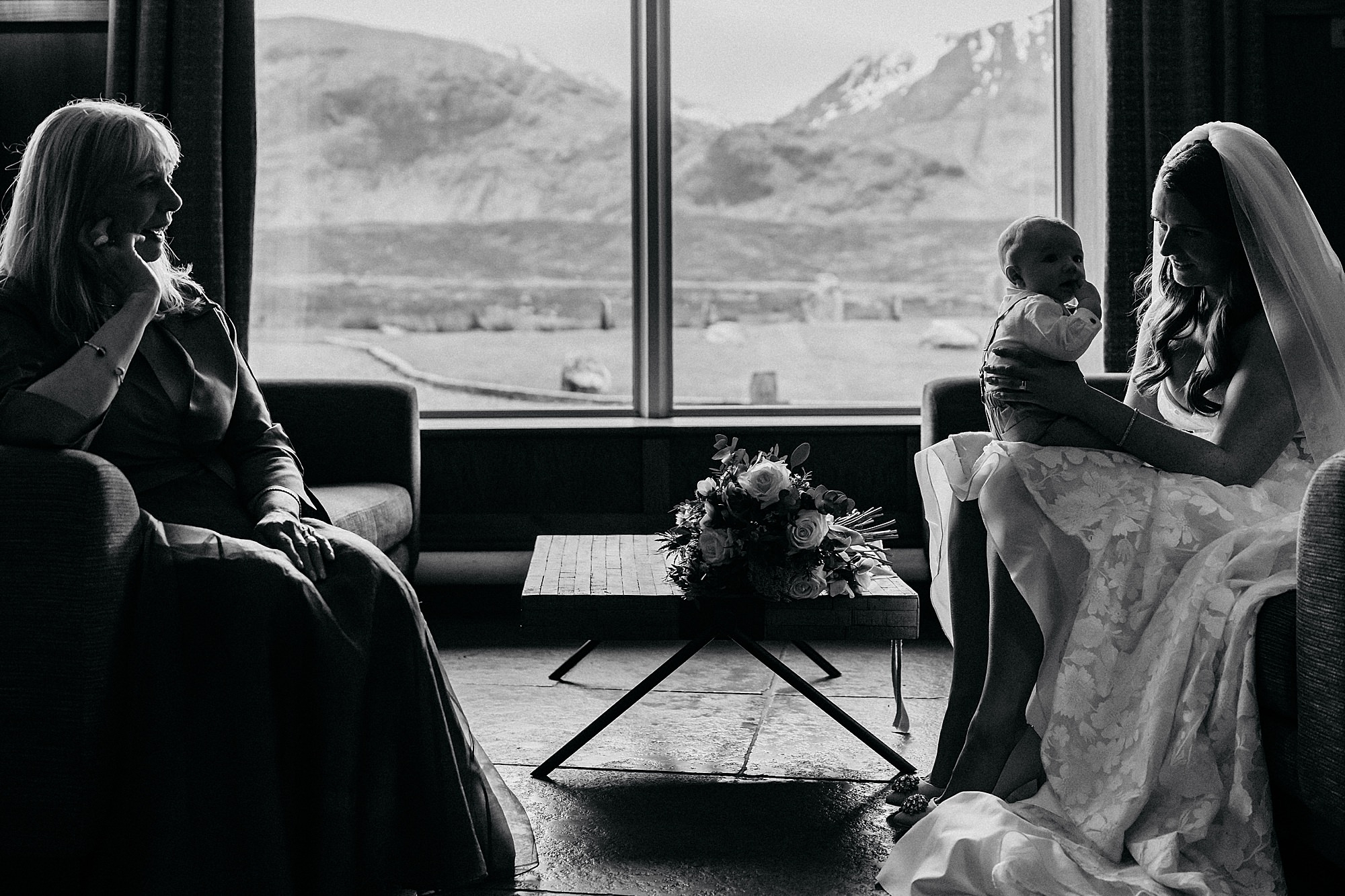 Relaxed moments with Bride, her baby and her mum at Kingshouse Hotel Glencoe 