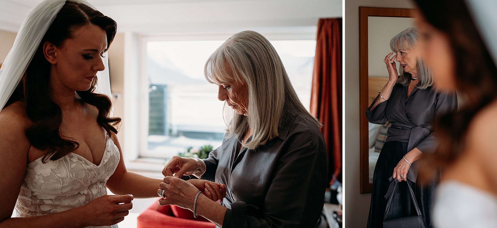 Wedding dress preparation before a Kingshouse Hotel wedding ceremony. Mum cries as she sees daughter in dress for the first time. 